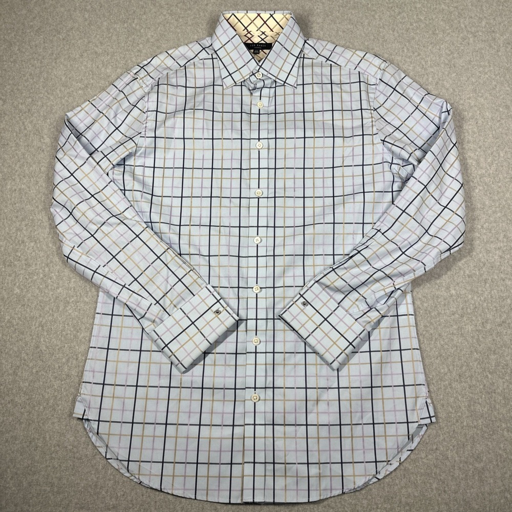 Ted Baker Button Up French Cuff Men's Size 15.5 34/35 Blue Plaid Cotton Shirt